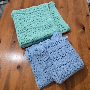 Bundle Of 2 Hand Knit/crochet Baby & Lap Blankets Sea Foam Green And Baby Blue